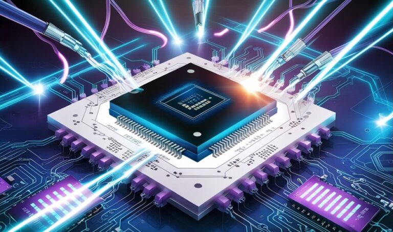 very creative and colorful image of a semiconductor with electric currents running into it