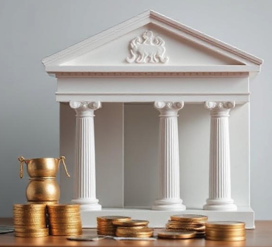 white colored bank and gold coins outside of bank