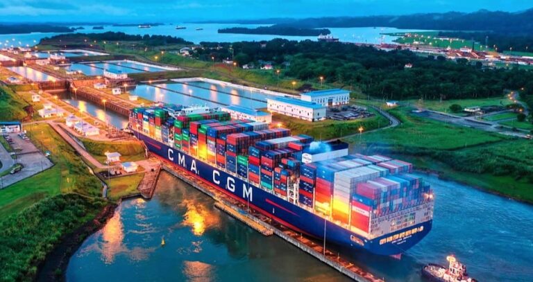 Panama Canal locks during dry season showing water conservation project