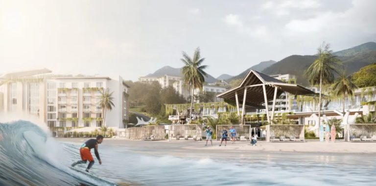 Architectural rendering of the Panama Surf Resort featuring eco-friendly luxury villas and the surf lagoon.