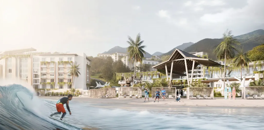 Architectural rendering of the Panama Surf Resort featuring eco-friendly luxury villas and the surf lagoon.