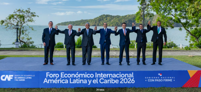Heads of state at the Latin American Economic Forum in Panama discussing regional leadership summit goals.