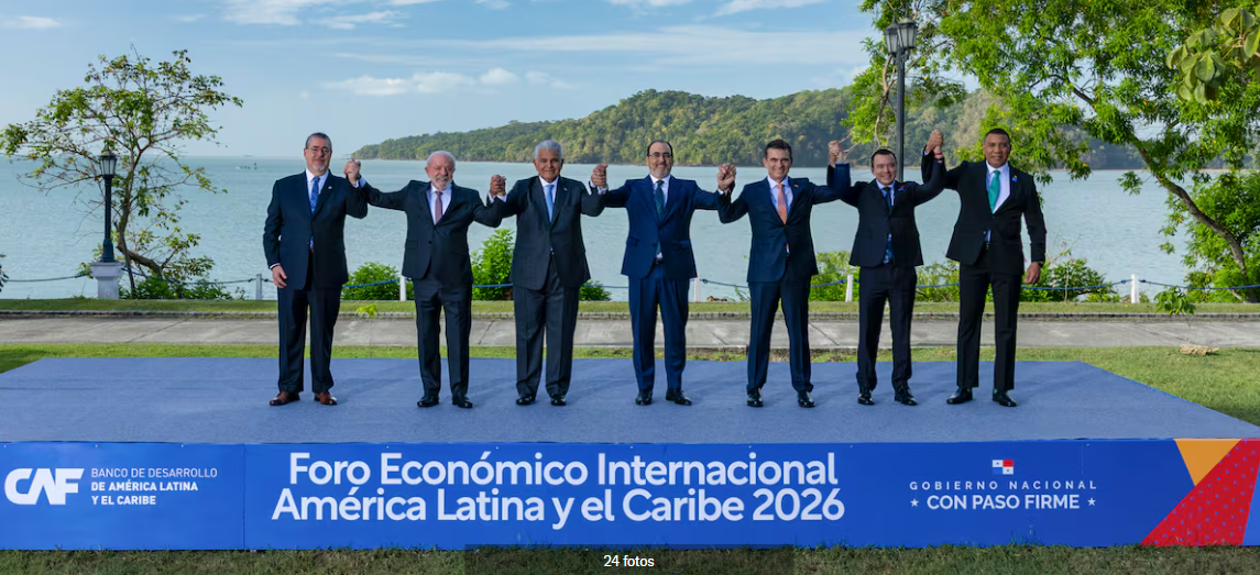 Heads of state at the Latin American Economic Forum in Panama discussing regional leadership summit goals.