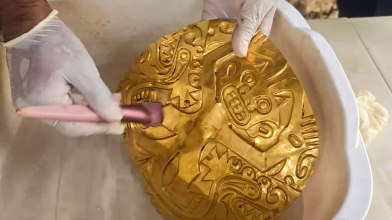 Exquisite gold artifacts found inside a 1,000-year-old Panama Golden Tomb in the Coclé province.