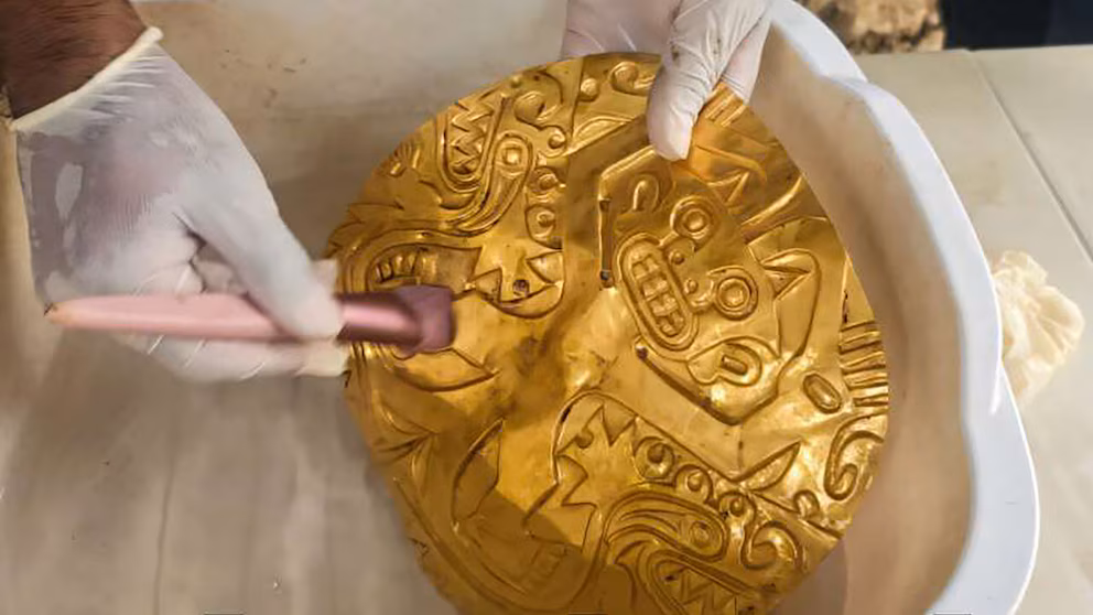 Exquisite gold artifacts found inside a 1,000-year-old Panama Golden Tomb in the Coclé province.