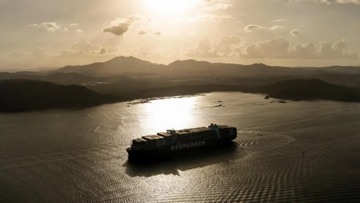 Large cargo ship navigating the Panama Canal, representing the Panama Canal advantage during global shipping route shifts.