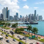 Industrial cargo containers moving efficiently, representing continuous Panama economic growth.