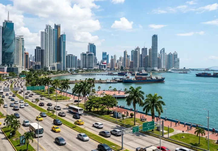 Industrial cargo containers moving efficiently, representing continuous Panama economic growth.