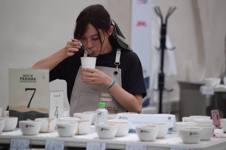 Coffee professional participating in a cupping session celebrating World of Coffee 2026 Panama specialty coffee producers.