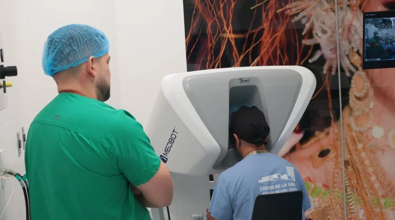 Specialist performing remote robotic surgery console in Panama connecting to Chiriqui hospital.